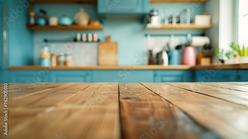 Kitchen wooden table top and kitchen blur background interior style scandinavian : Generative AI