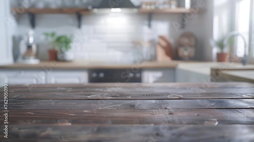 Empty wooden table and blurred kitchen background for display or montage your products : Generative AI