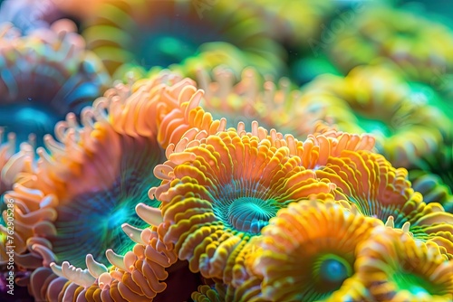A close-up of coral polyps on a reef, showing their vibrant colors and structure, © AI Farm