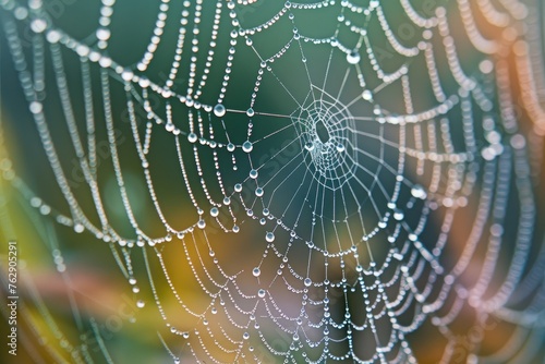 A close-up of a spider's web, with dewdrops clinging to the delicate strands,
