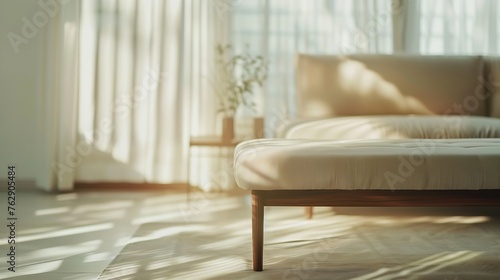 Blurred view of light living room with sofa and soft bench : Generative AI