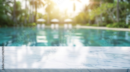 Empty white marble stone table top and blurred swimming pool in tropical resort in summer banner background  can used for display or montage your products   Generative AI