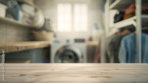 Background for design with empty table on blur laundry room : Generative AI