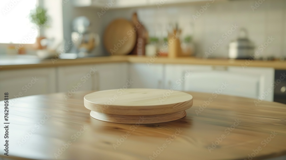 Pedestal for product on wooden table in blurred kitchen interior : Generative AI Pedestal for product on wooden table in blurred kitchen interior : Generative AI