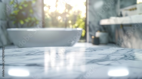 Empty marble top table with blurred bathroom interior Background for product display montage : Generative AI