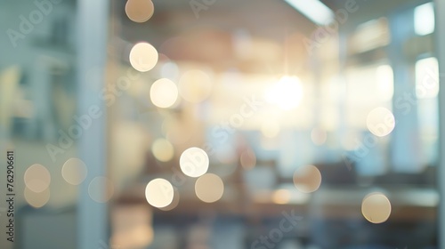 Blurred empty open space office Abstract light bokeh at office interior background : Generative AI
