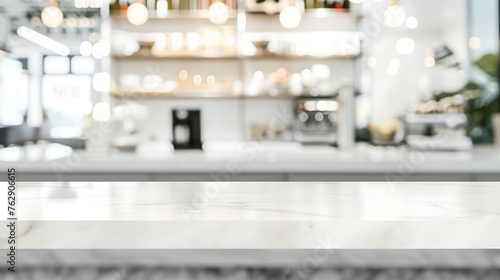 White table and blur kitchen background Empty white marble counter shelf table top over blur store shop with abstract bokeh light background Product and food display desk banner mockup : Generative AI © Generative AI