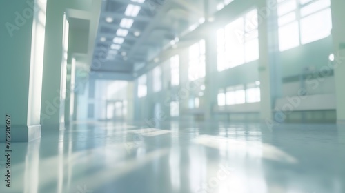 BLURRED MEDICAL BACKGROUND EMPTY LIGHT HOSPITAL HALL WITH BIG WINDOWS AND BOKEH LIGHTS   Generative AI