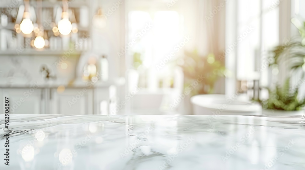 Empty marble top table with blurred bathroom interior Background for product display montage : Generative AI Empty marble top table with blurred bathroom interior Background for product display montage : Generative AI