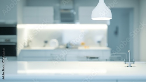Blurred view of modern kitchen with white furniture : Generative AI