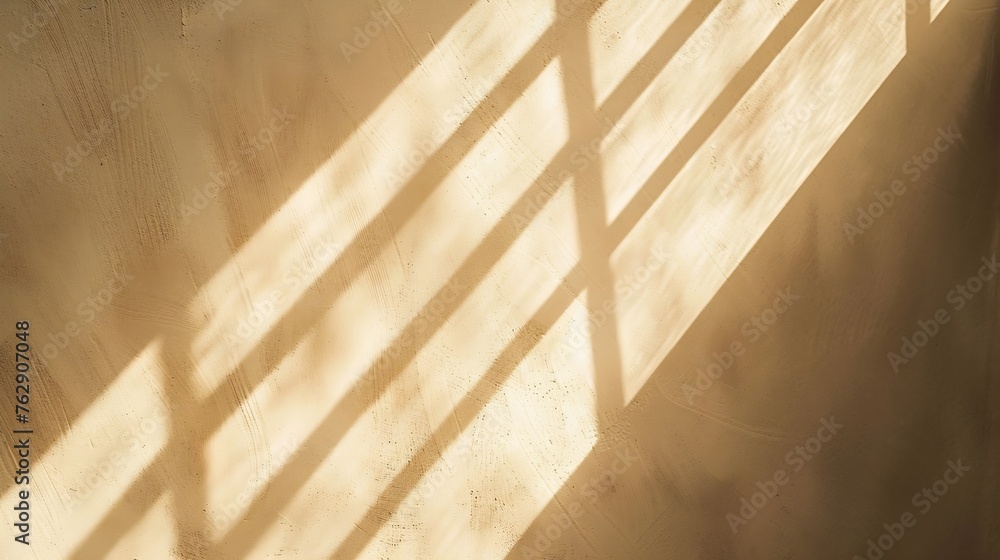 Obraz premium Glowing reflections of the suns rays on a beige background Overlay effect of penetrating natural transparent soft light and shadows from window on sand color wall texture Trendy creati : Generative AI