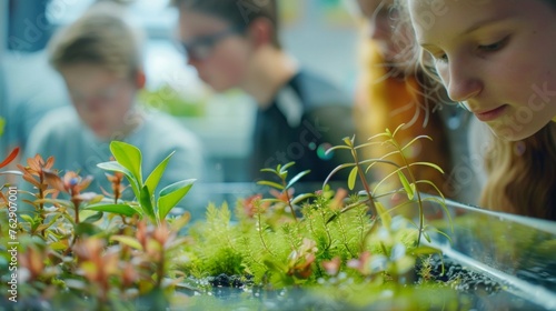 In a classroom students gather around a miniaquarium filled with plants and fish. They carefully observe and record the interactions between the two learning about the delicate
