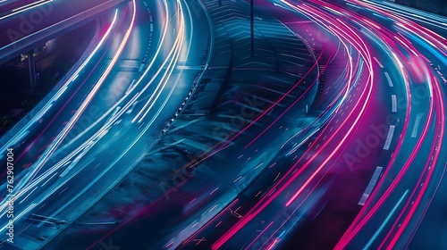 Panoramic Cars light trails at night in a curve asphalt road at night long exposure image : Generative AI