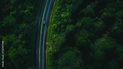 Aerial top view road in forest with car motion blur Winding road through the forest Car drive on the road between green forest Ecosystem ecology healthy environment road tripHoliday an   Generative AI