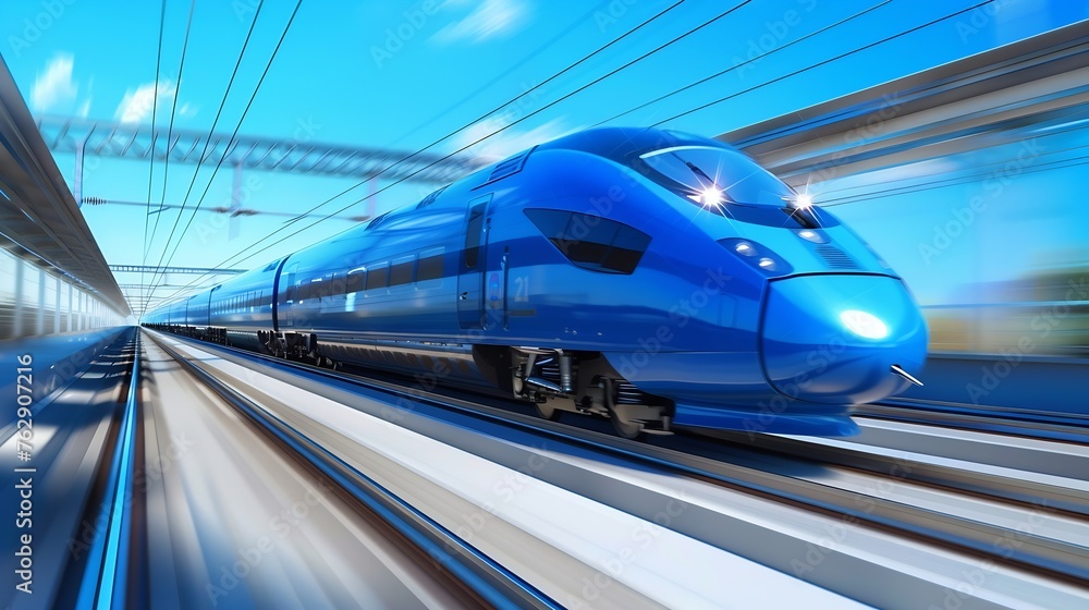 Naklejka premium Blue high speed train runs on rail tracks The train is going too fast as a result the air pressure is causing too much heat at the front : Generative AI