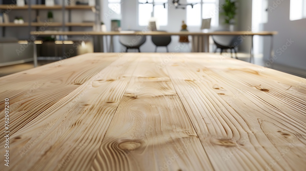 Blank tabletop made of wooden planks with light contemporary furnished office on background mockup : Generative AI