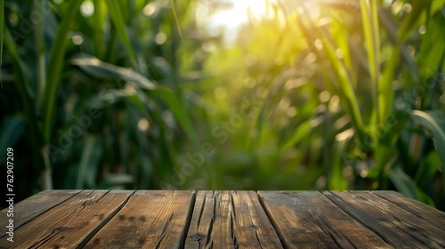 The empty wooden brown table top with blur background of sugarcane plantation Exuberant image   Generative AI