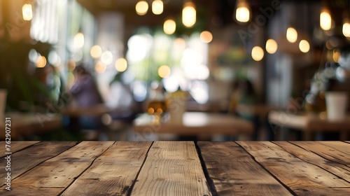 Wood table top with blurred people in cafe as background can be used for montage or display your products : Generative AI