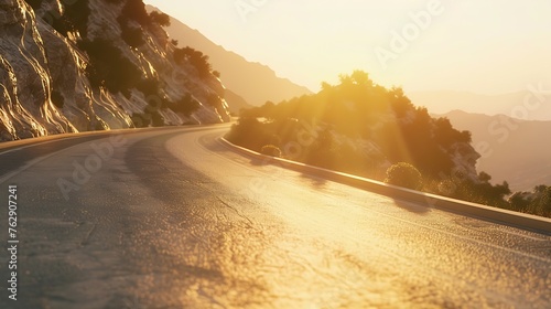 Empty long mountain road to the horizon on a sunny summer day at bright sunset with motion blur Backplate or Backdrop background : Generative AI