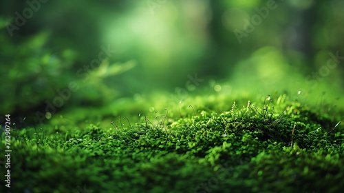 Green moss close up forest landscape blured background Sochi National Park Yewboxwood grove : Generative AI photo