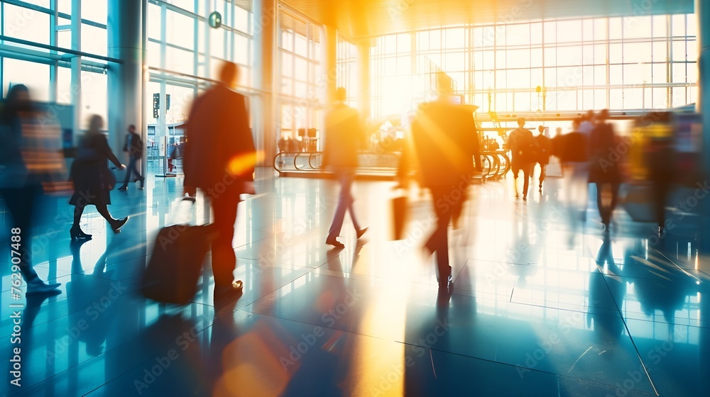 Anonymous blurred business people rush through trade fair hall or airport : Generative AI Anonymous blurred business people rush through trade fair hall or airport : Generative AI
