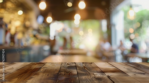 Wood table top with blur of people in coffee shop or caferestaurant backgroundFor montage product display or design key visual layout : Generative AI photo