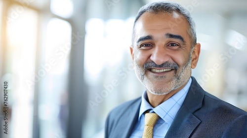 Headshot close up portrait of indian or latin confident mature good looking middle age leader ceo male businessman on blur office background Handsome hispanic senior business man smili : Generative AI