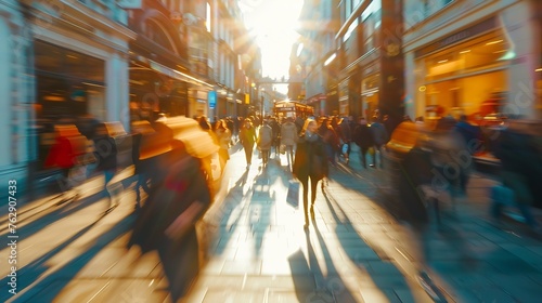 Busy crowds of anonymous motion blurred shoppers on London street : Generative AI photo