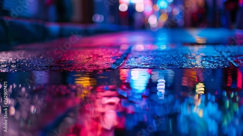 Multicolored neon lights on a dark city street reflection of neon light in puddles and water Abstract night background blurred bokeh light Night view : Generative AI