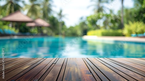 Empty table top and blurred swimming pool in tropical resort in summer for display or montage your products : Generative AI