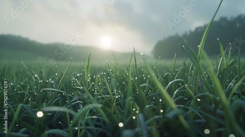 Picturesque view of green field with wet grass during sunrise dew on rainy day : Generative AI