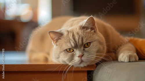 Closeup of Adorable domestic British shorthair golden cat lying on wooden desk in cozy living room at home looking at camera against blurred sofa : Generative AI © Generative AI