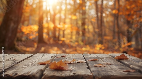 The empty rustic wooden table for product display with blur background of autumn forest Exuberant image : Generative AI