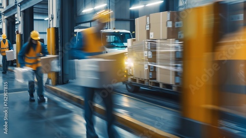 Outside of Logistics Distributions Warehouse Diverse Team of Workers Loading Delivery Truck with Cardboard Boxes Online Orders Purchases ECommerce Goods Supply Chain Blur Motion Shot : Generative AI