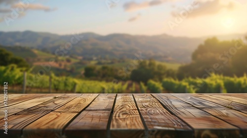 The empty wooden brown table top with blur background of Napa hill landscape Exuberant image : Generative AI © Generative AI