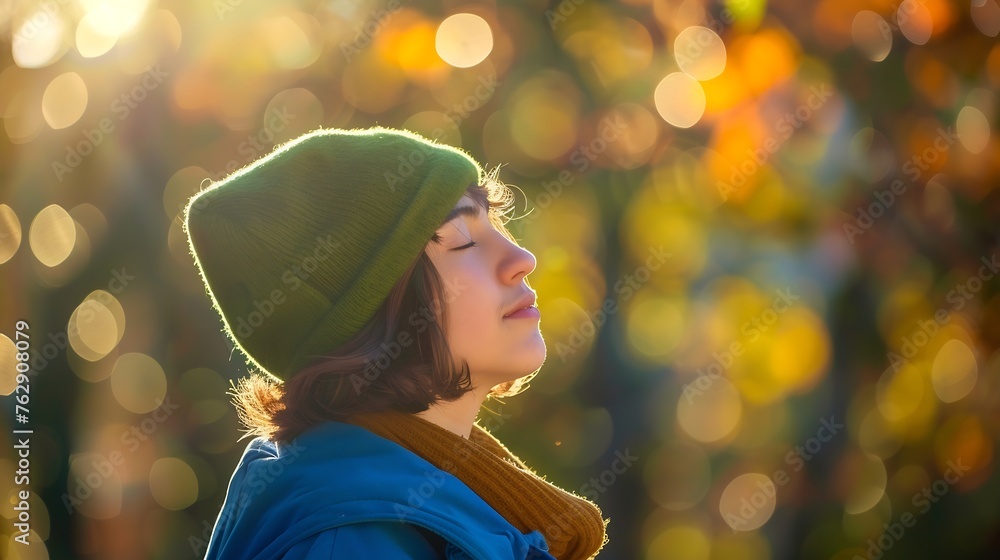 Obraz premium Calm girl in blue coat and green hat and coat closing eyes while spending sunny day on blurred background of autumn park in a cold day in donostia san sebastian spain : Generative AI