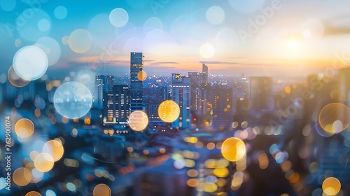 abstract double exposure of blurred sky night city downtown construction with circle round light background with lens flare effect concept : Generative AI