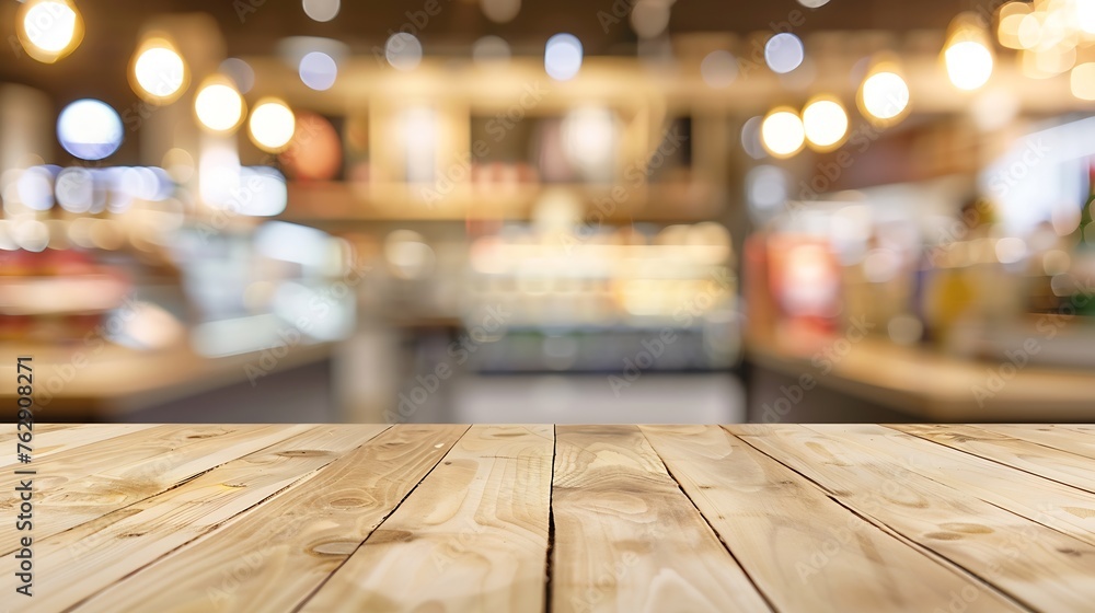 Table and blur background Wooden counter over blur bokeh light background Brown wood table top shelf for food and retail shop store product display backdrop banner mockup template : Generative AI