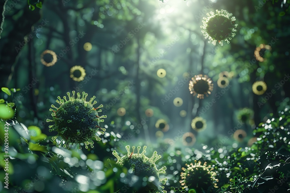 3D visualization of Hantavirus, forest theme backdrop, copy space 3D visualization of Hantavirus, forest theme backdrop, copy space