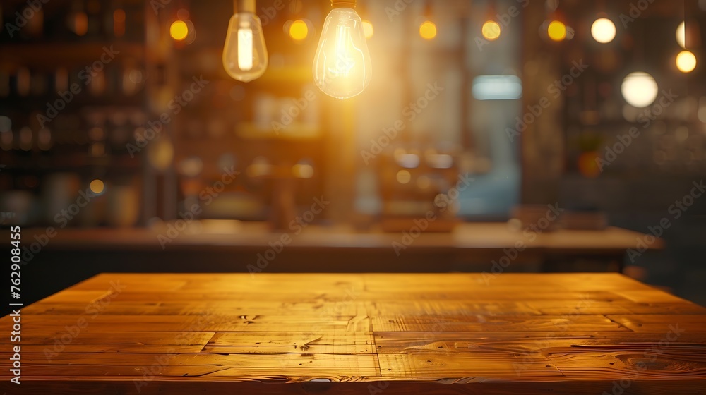 Wood table top on blurred of counter cafe shop with light bulb backgroundfor montage product display or design key visual layout : Generative AI Wood table top on blurred of counter cafe shop with light bulb backgroundfor montage product display or design key visual layout : Generative AI