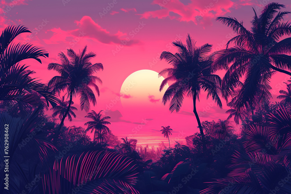 Tropical summer beach background. Cartoon flat illustration. Silhouettes of palm trees against pink sunset sky
