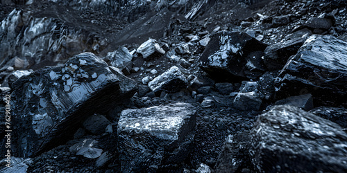 Black white rock texture Rough mountain surface,Top view of a coal mine mineral black for background. used as fuel for industrial coke.
