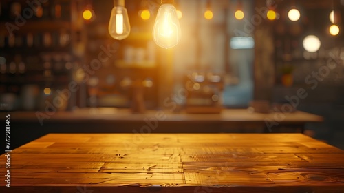 Wood table top on blurred of counter cafe shop with light bulb backgroundfor montage product display or design key visual layout : Generative AI photo