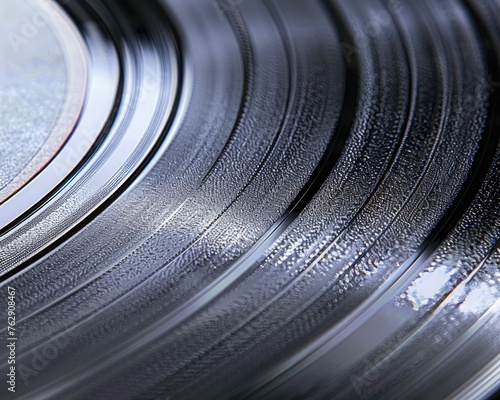 A macro view of a vinyl record, with the grooves and details that hold the music,