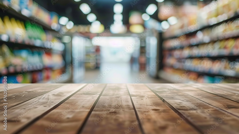 wood table top with supermarket aisle with refrigerators blurred background : Generative AI wood table top with supermarket aisle with refrigerators blurred background : Generative AI