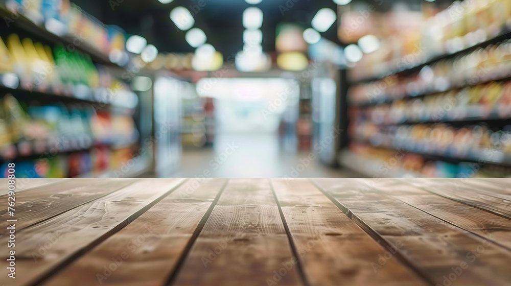 wood table top with supermarket aisle with refrigerators blurred background : Generative AI