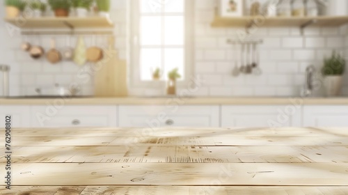 Kitchen wooden table top and kitchen blur background interior style scandinavian : Generative AI