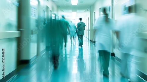 blurred for background blurred figures of doctors and nurses in a hospital corridor Doctors and nurses walking in hospital hallway blurred motion Moving human figure in the clinic corr : Generative AI