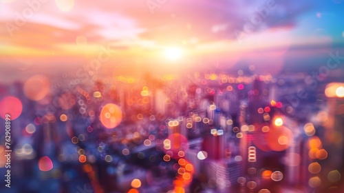 World environment day concept Abstract blur aerial view city skyline landscape sunset background : Generative AI