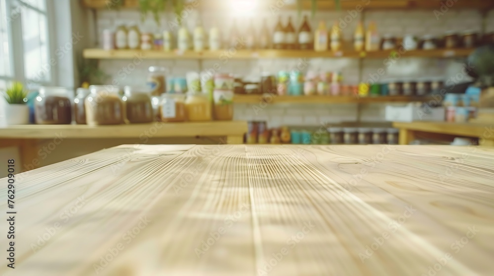 Shinny empty natural wooden counter top in an ecofriendly grocery store with beautiful wooden products shelf in background Nobody Healthy products display Day light Blurred Selective f : Generative AI